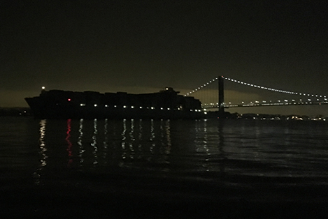 A ship passes under the Verrazano Bridge