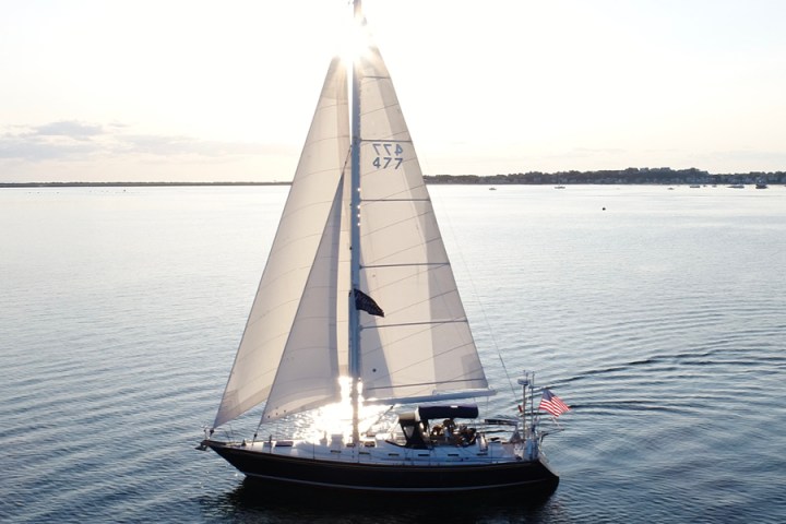Aerial view of sailboat, Moment, gliding through the bay