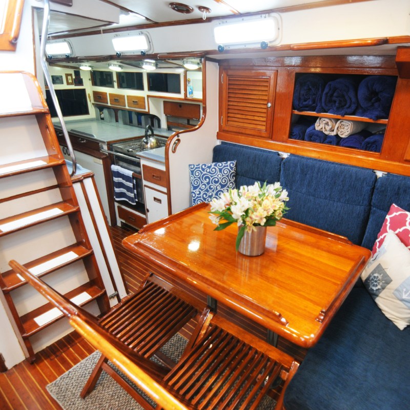 View of kitchen area inside galley of Moment sailboat