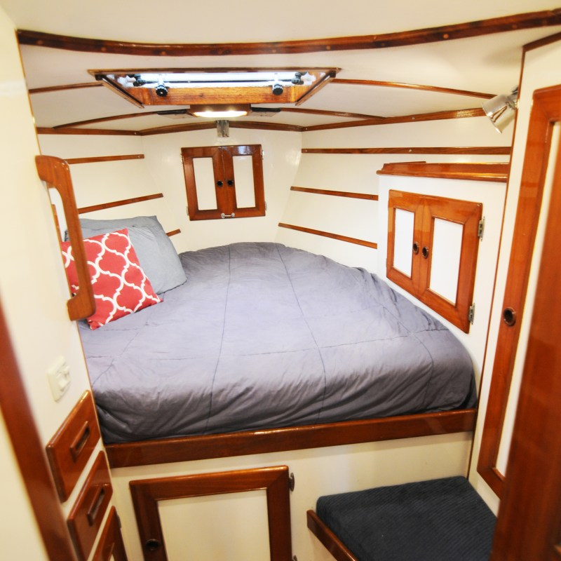 Inside master bedroom aboard Moment sailboat